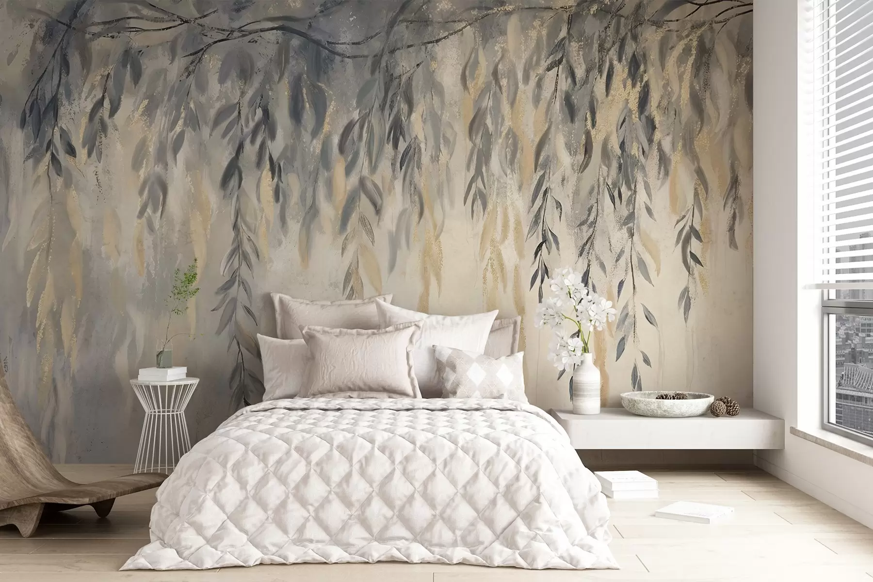 wall murals Willow tree branches with delicate leaves hanging down against a soft, blurred textured background w08473