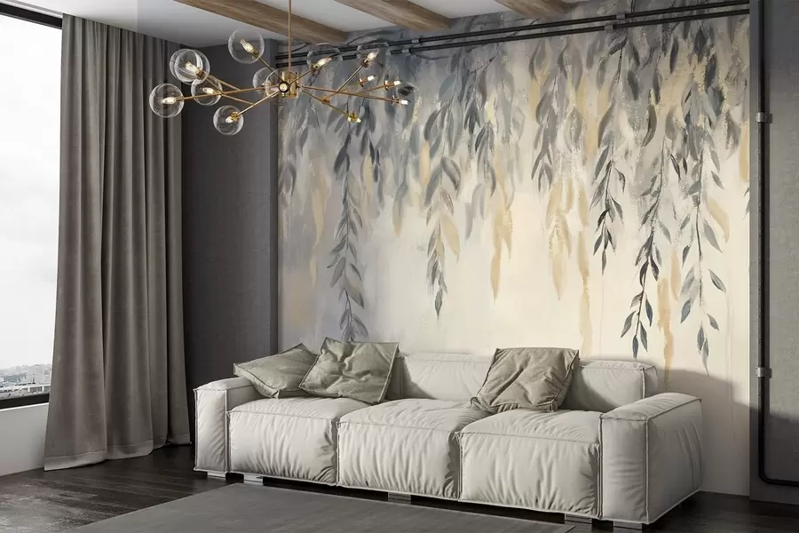 wall murals Willow tree branches with delicate leaves hanging down against a soft, blurred textured background w08473