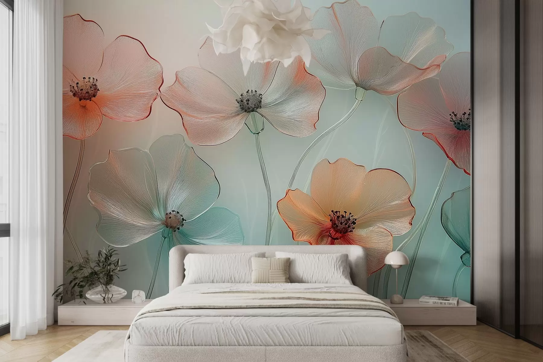 wall murals poppy flowers imitation glass in delicate colors w02519