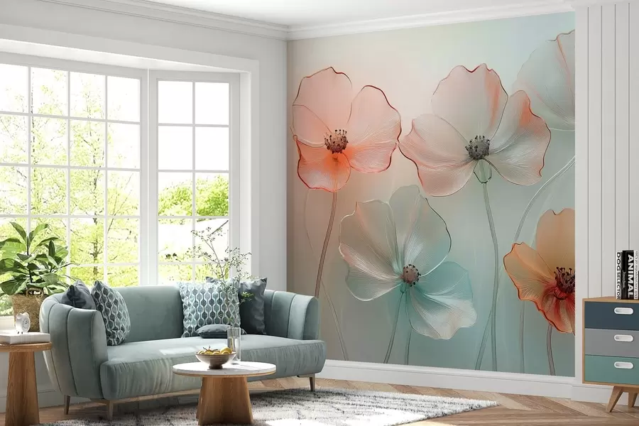 wall murals poppy flowers imitation glass in delicate colors w02519