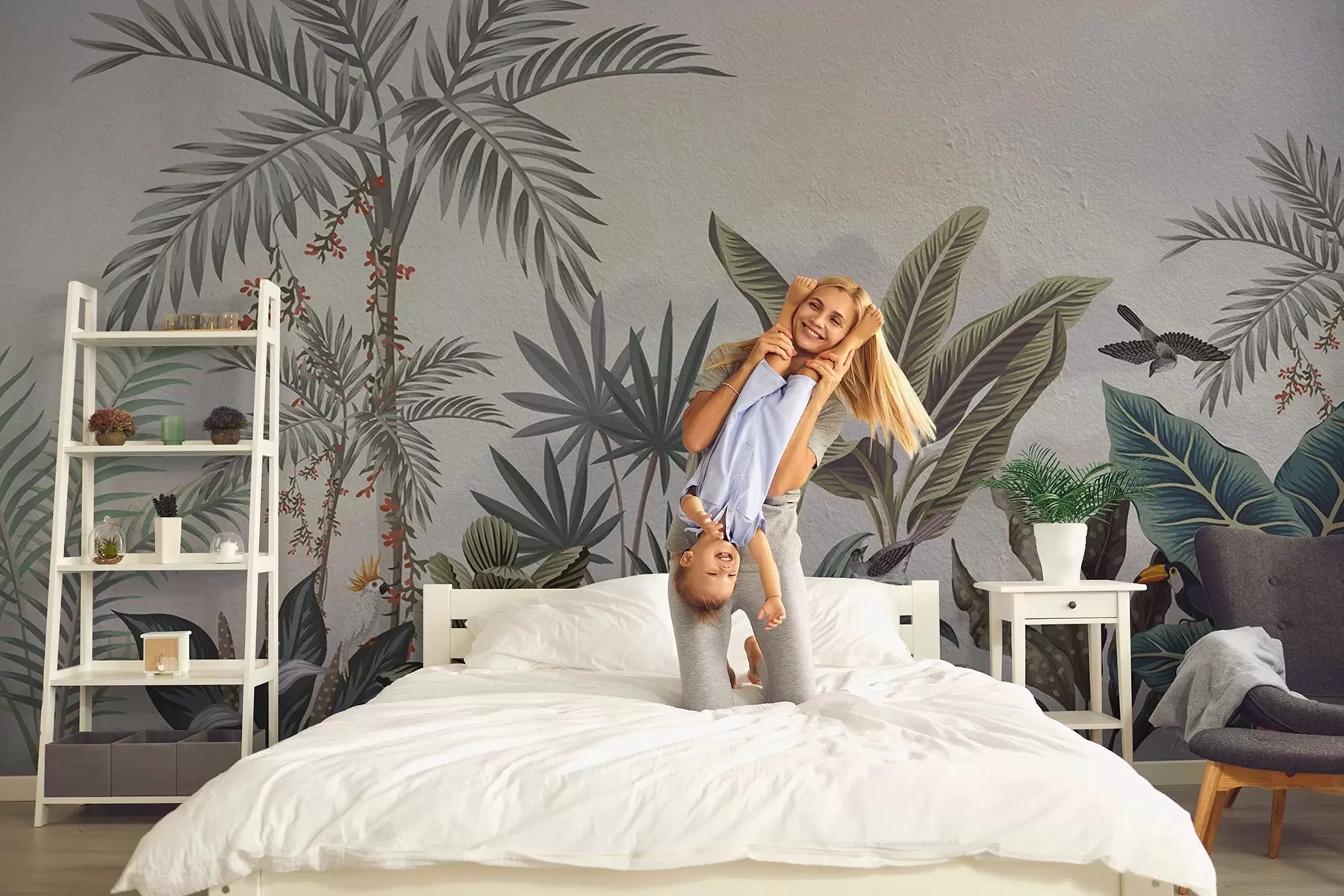 wall murals Tropical jungle with palms and colorful birds w08496