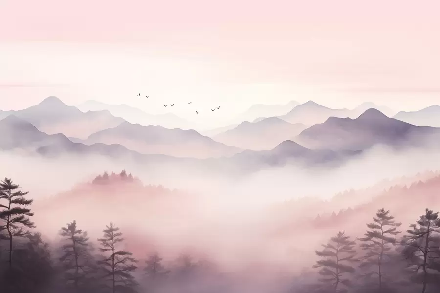 wall murals Mountains in fog at dawn imitation of watercolor w02471