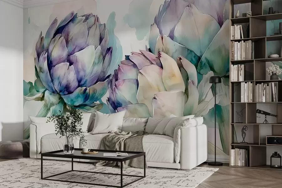 wall murals Artichokes watercolor style, flowers, pink and green w02481v1