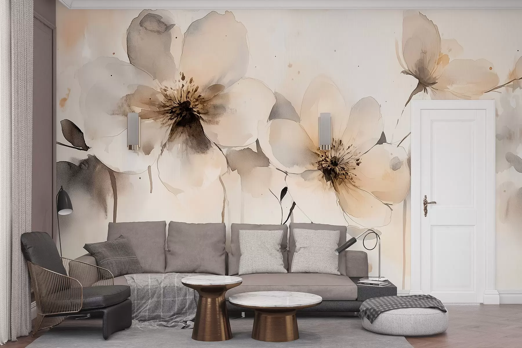 wall murals Meadow flowers, watercolor style drawing, beige color palette  w02489