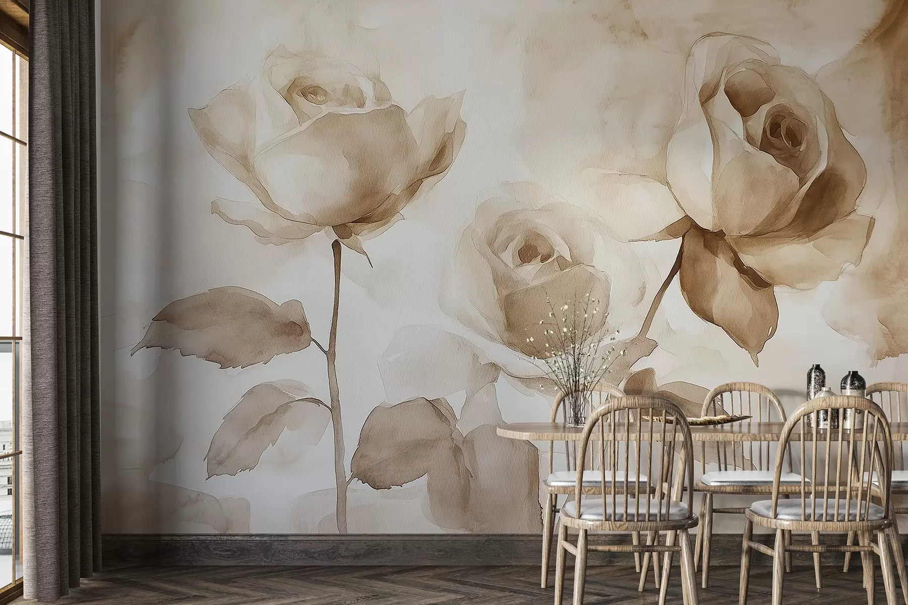 wall murals Beige roses, flowers, soft watercolor drawing, rustic, bohemian w02490