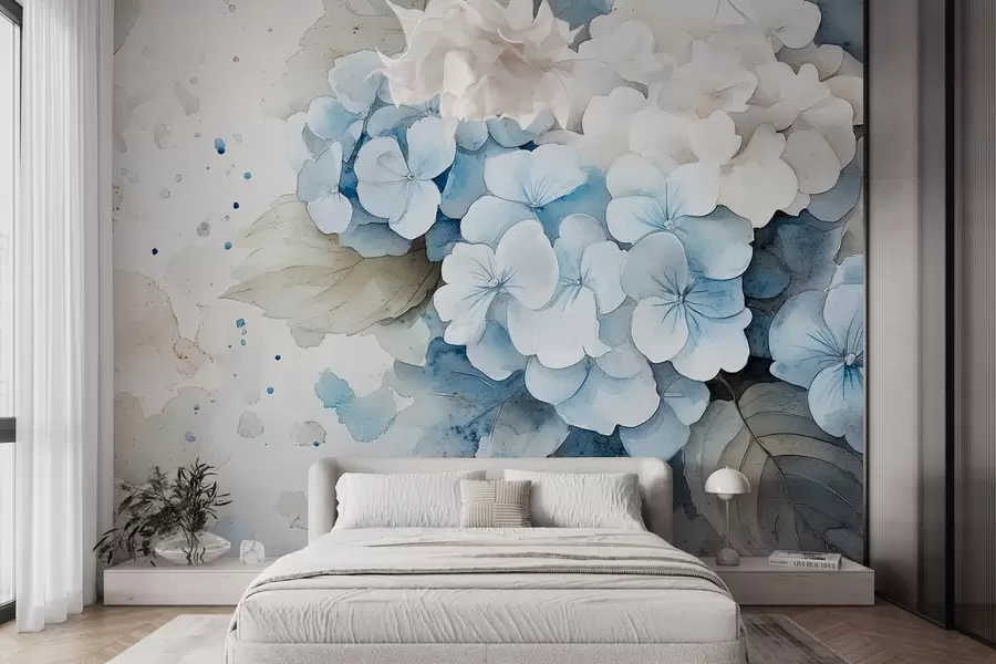 wall murals Watercolor style drawing of hydrangea flowers with leaves, soft natural colors w02493