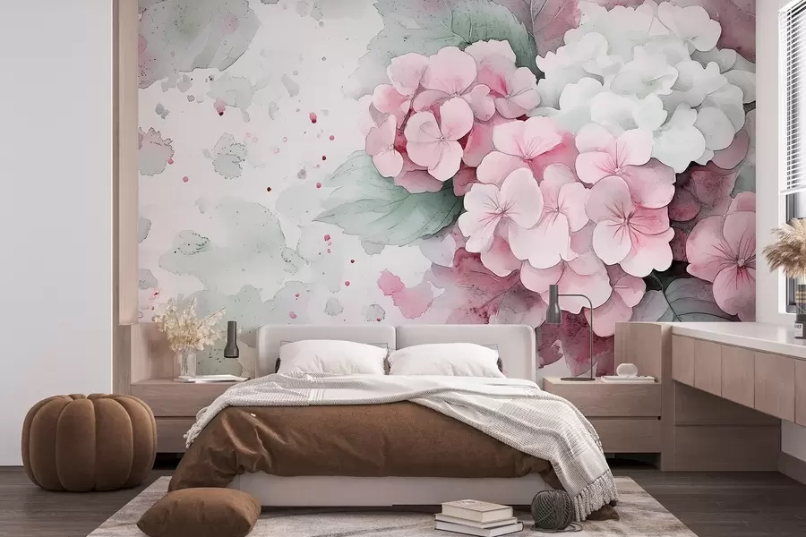 wall murals Watercolor style drawing of hydrangea flowers with leaves, soft pink and green colors w02493v1