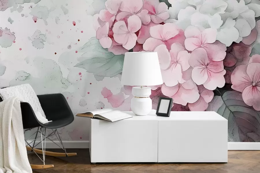 wall murals Watercolor style drawing of hydrangea flowers with leaves, soft pink and green colors w02493v1