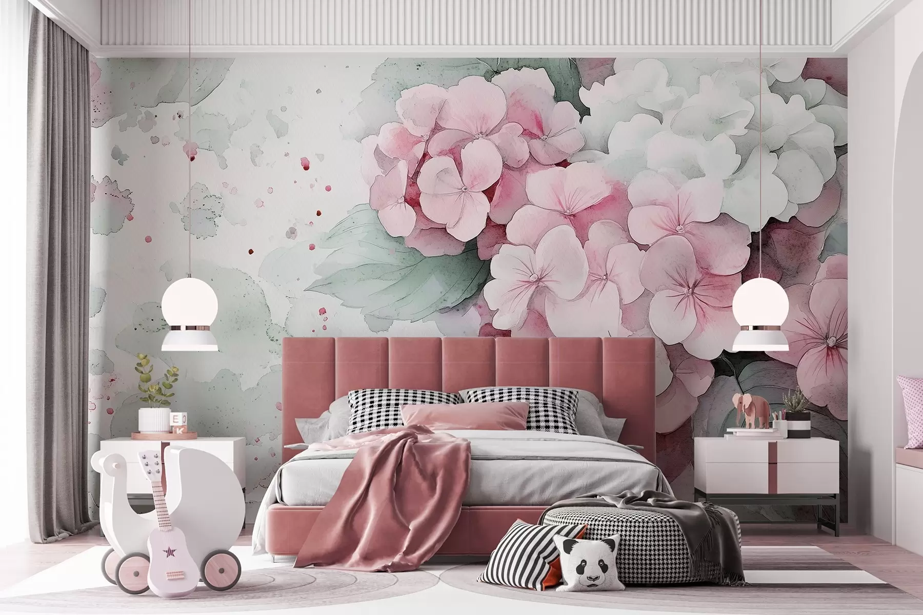 wall murals Watercolor style drawing of hydrangea flowers with leaves, soft pink and green colors w02493v1