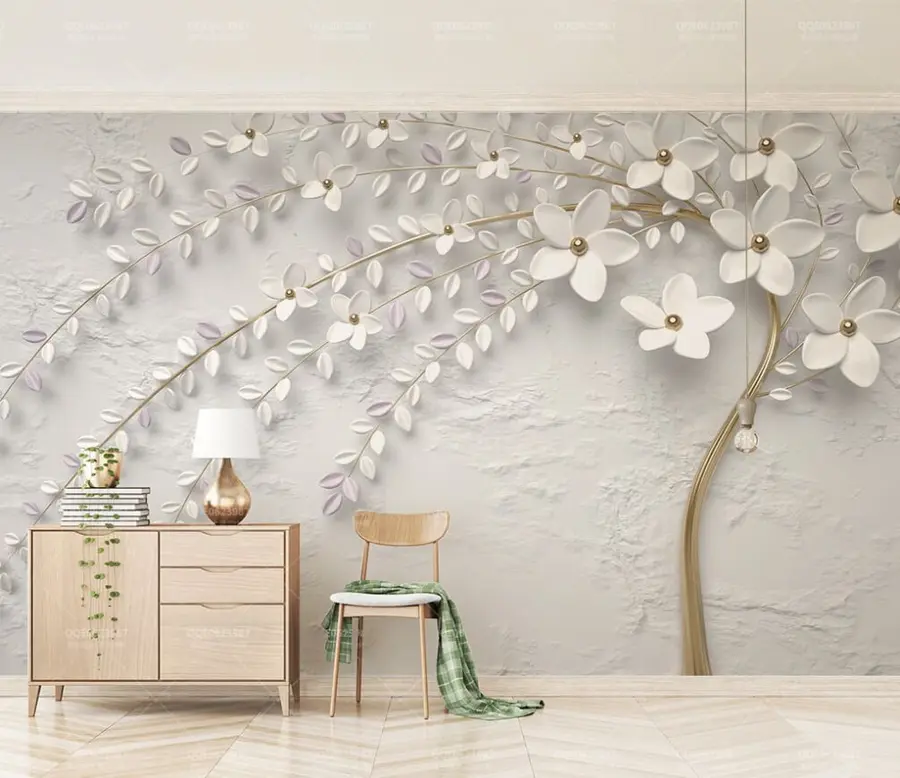 wall murals Flowering tree with hanging branches in light white and beige shades u43124