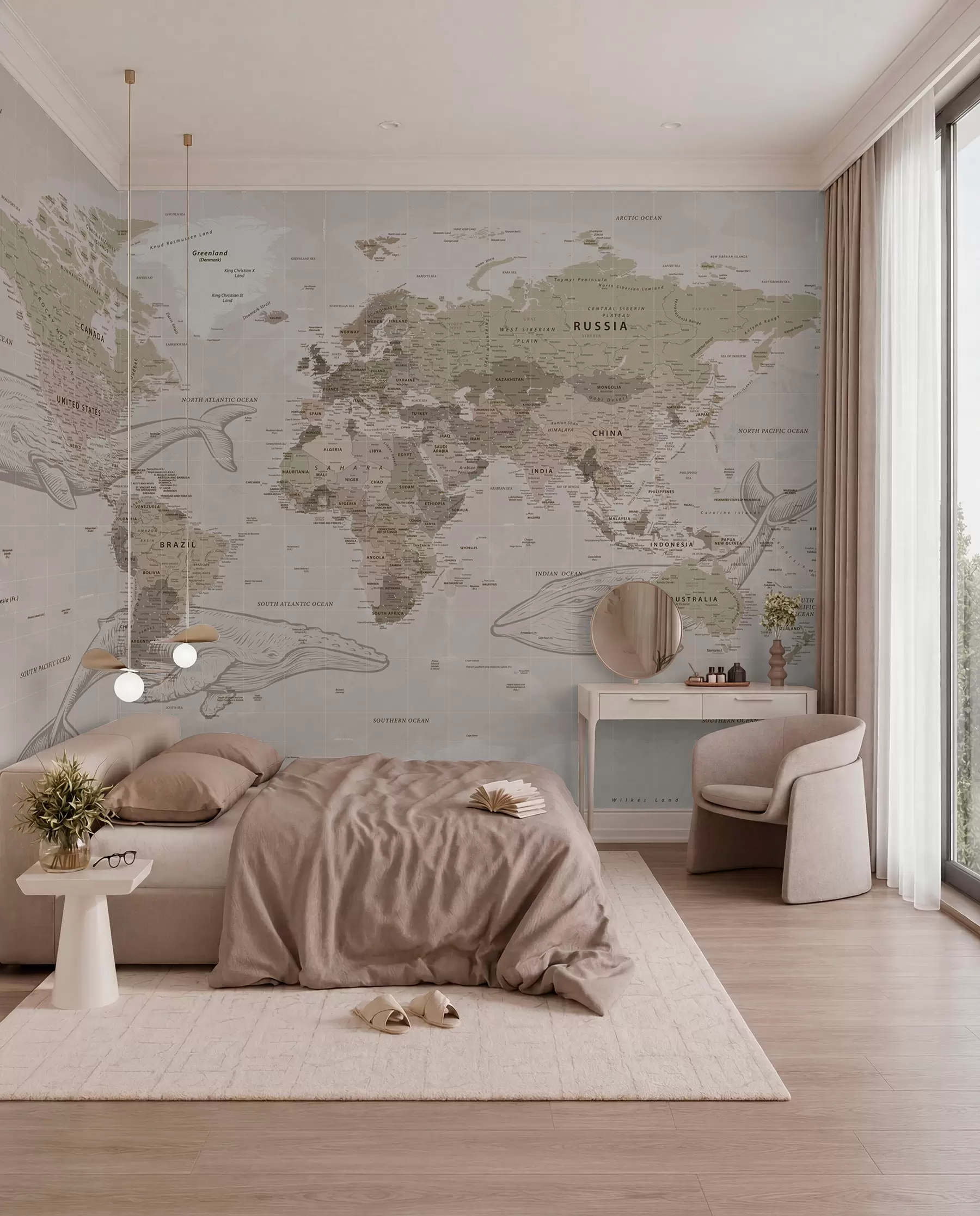 wall murals World map with whales u50449