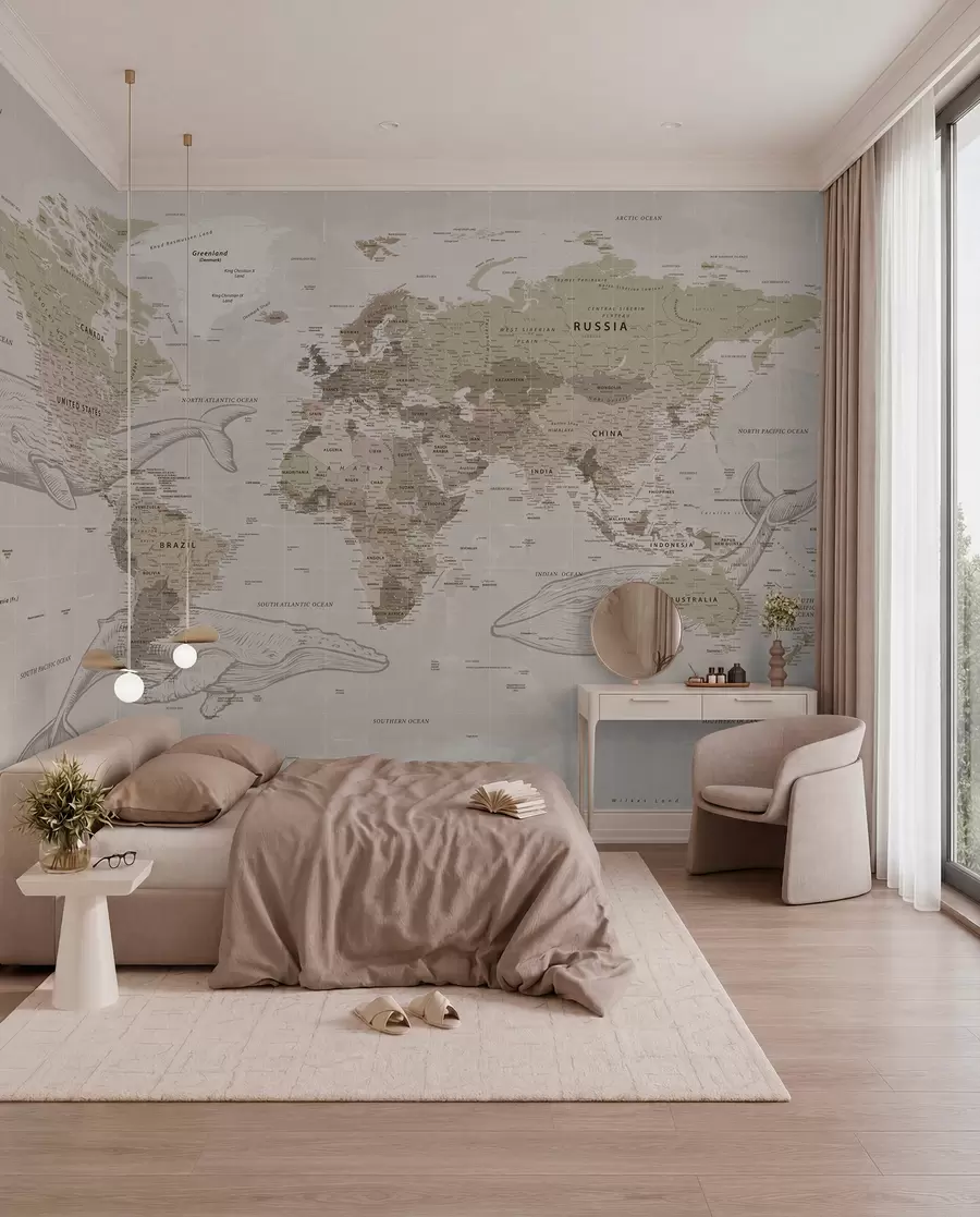 wall murals World map with whales u50449