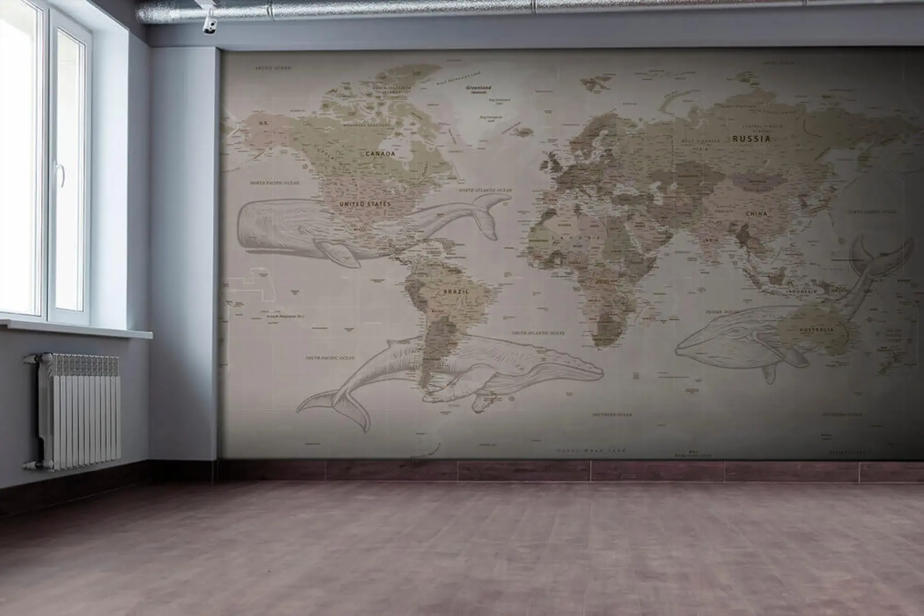 wall murals World map with whales u50449