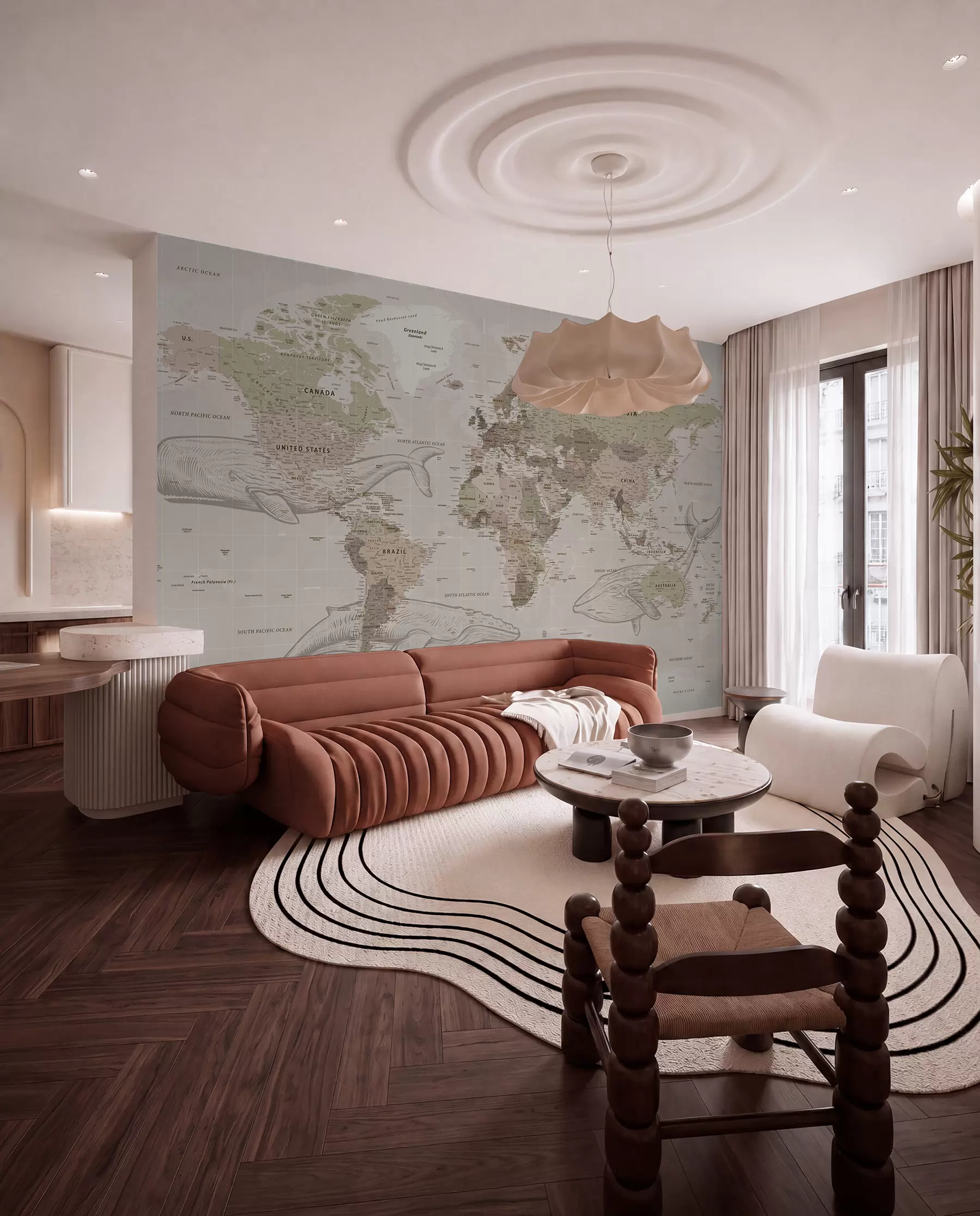 wall murals World map with whales u50449