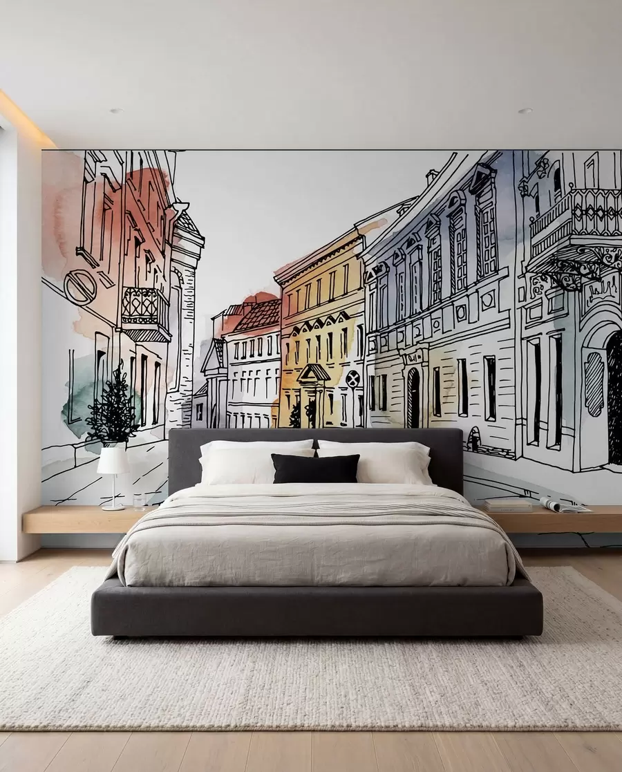 wall murals Old town, marker and watercolor u51062