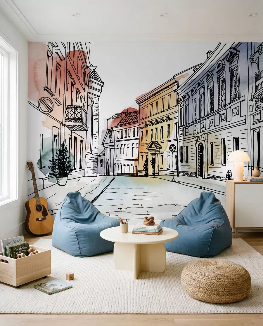 wall murals Old town, marker and watercolor u51062