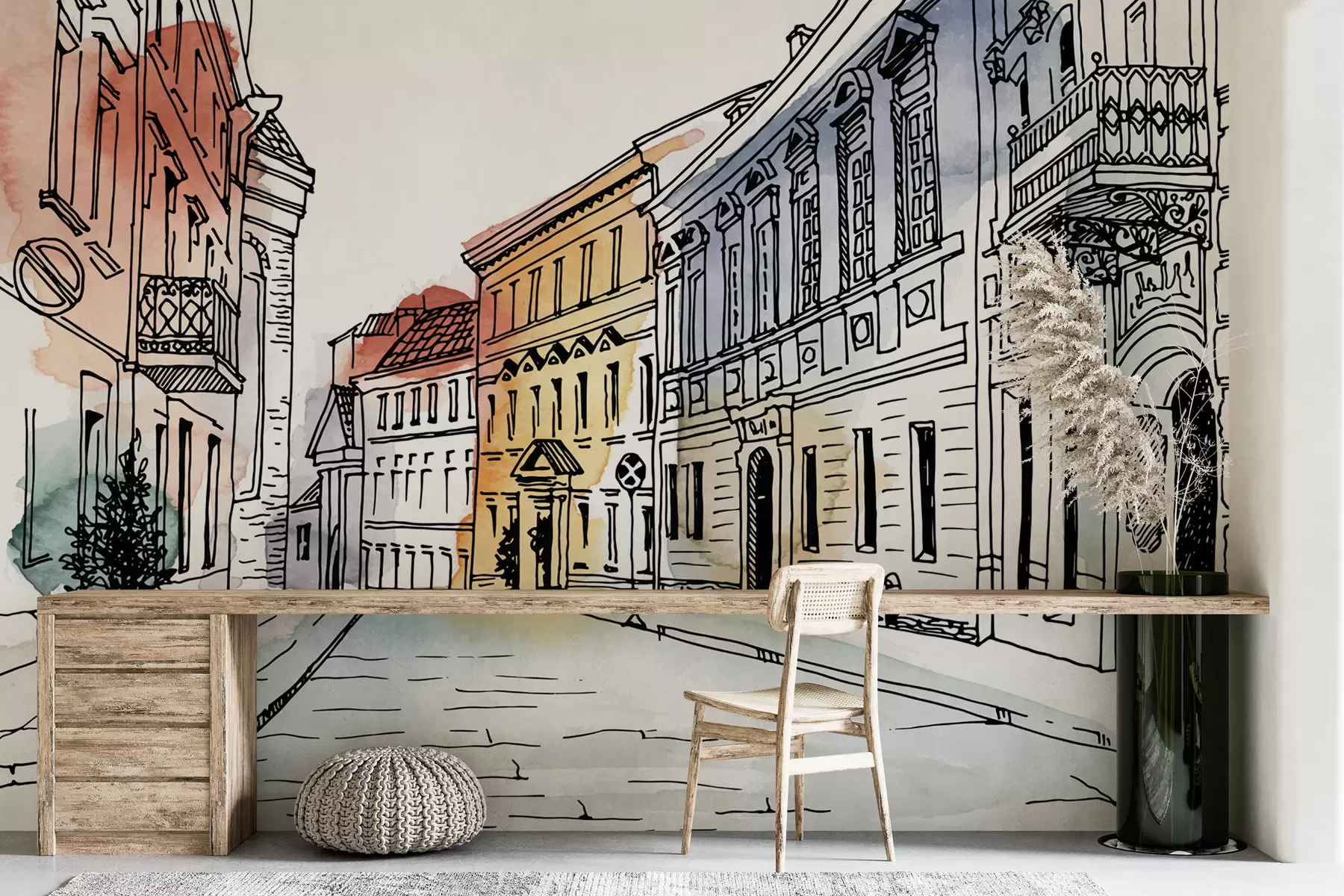 wall murals Old town, marker and watercolor u51062