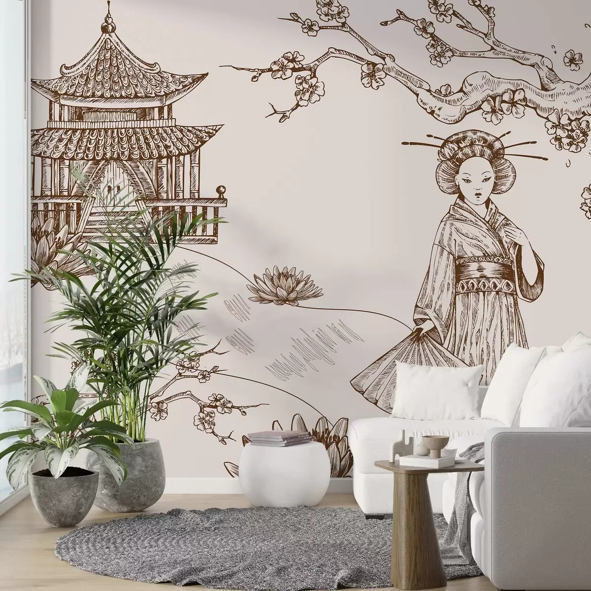 wall murals Old Asian-style house, girl in traditional clothes, cherry blossom blooming w02534