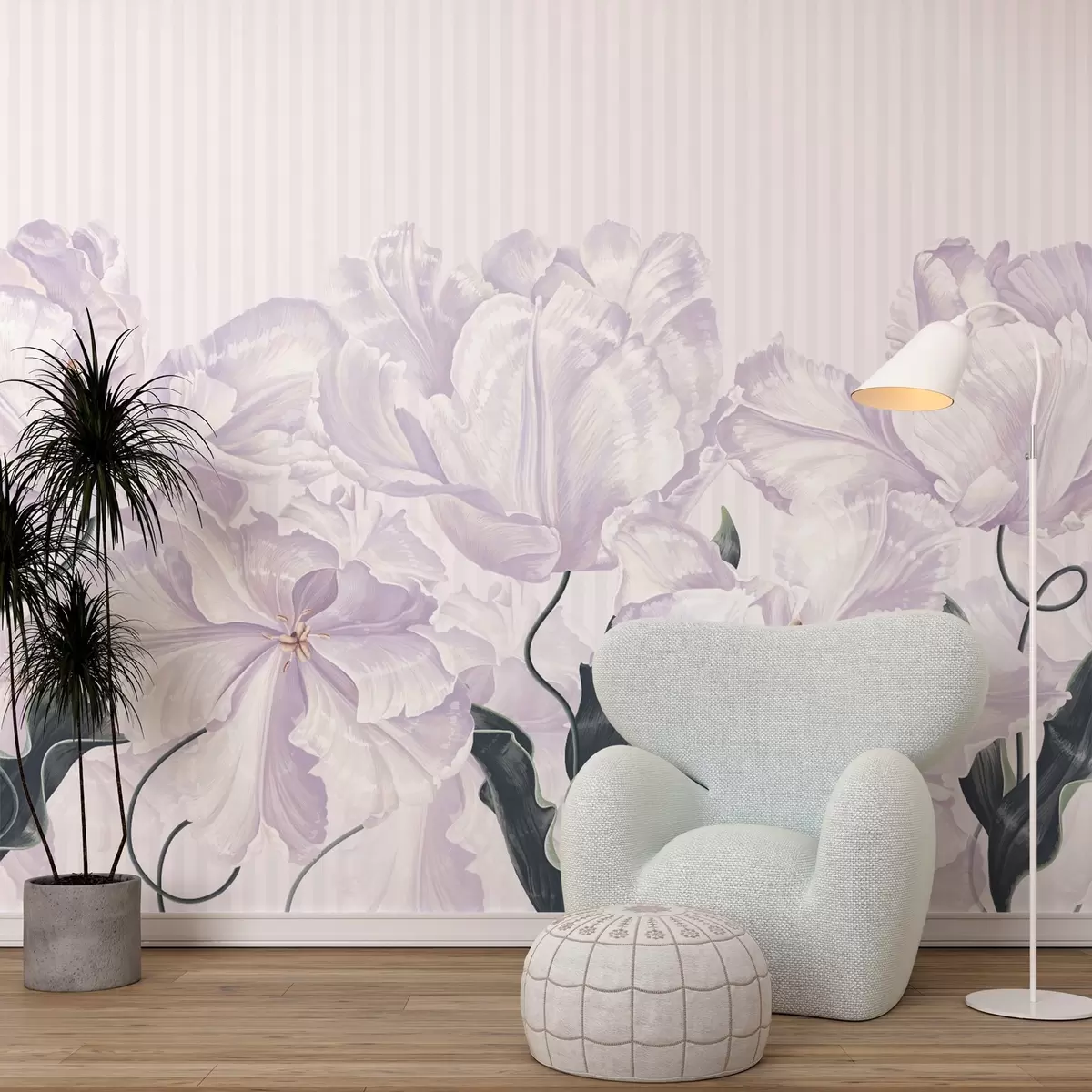 wall murals delicate pink flowers on a striped background w02565
