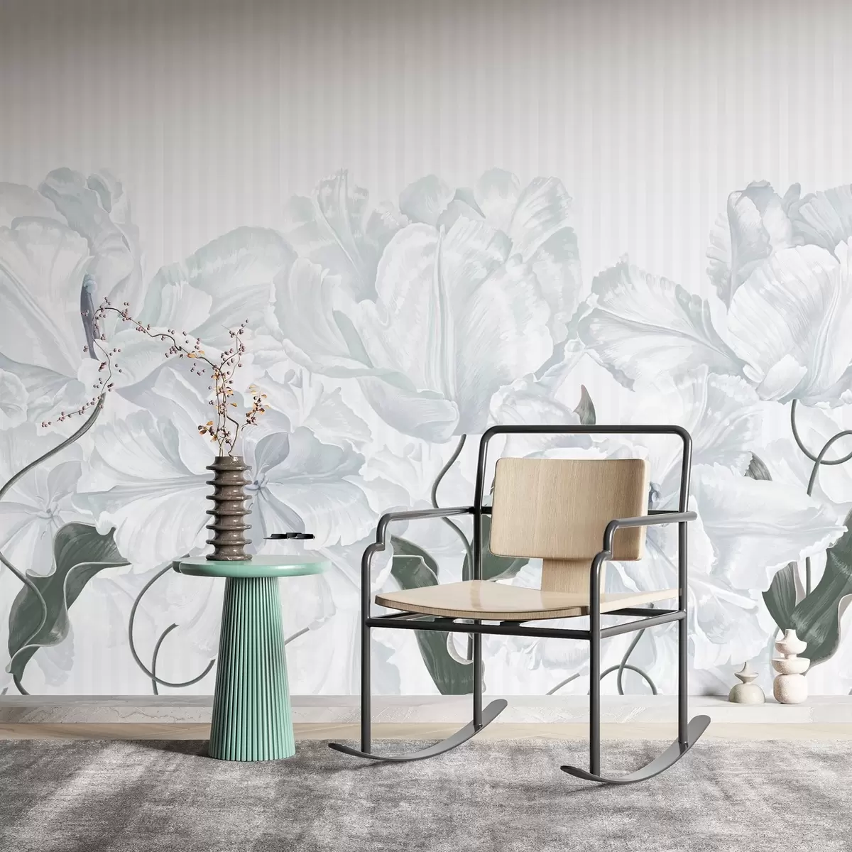 wall murals delicate gray flowers on a striped background w02565v1