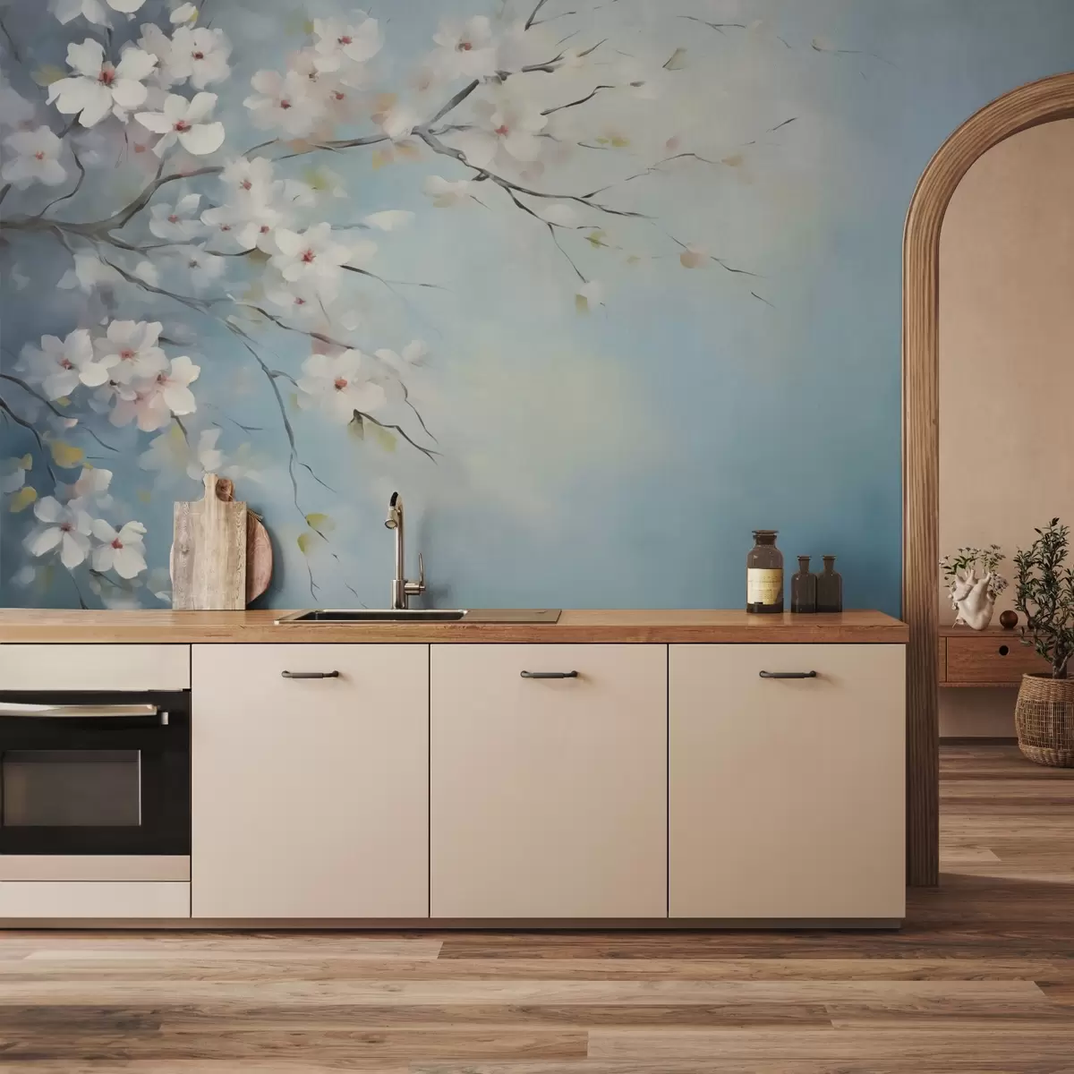 wall murals Branch with flowers, imitation of painting, white and blue shades w02593