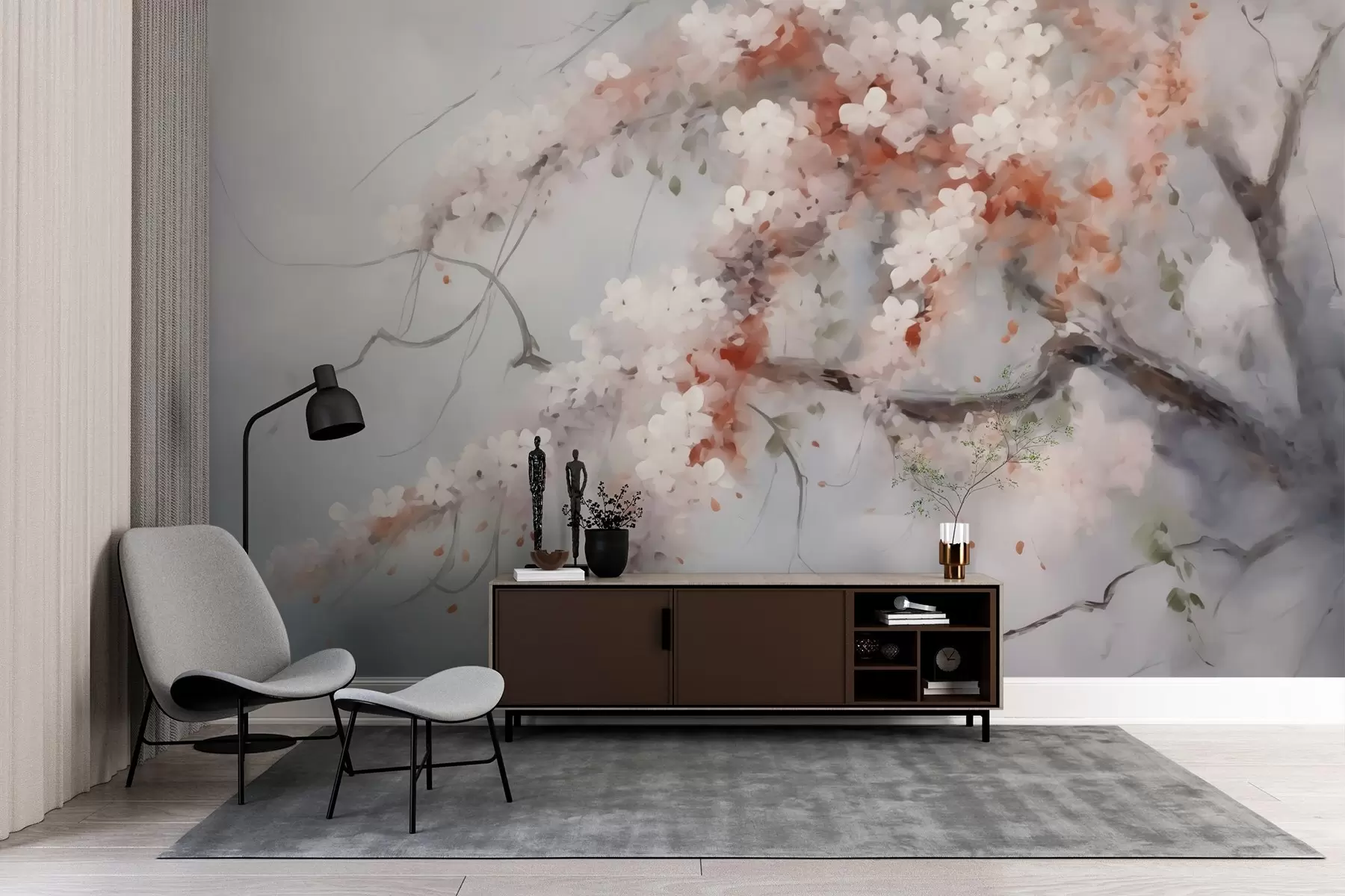 wall murals Abstract branch with white and red flowers imitation of painting w02594