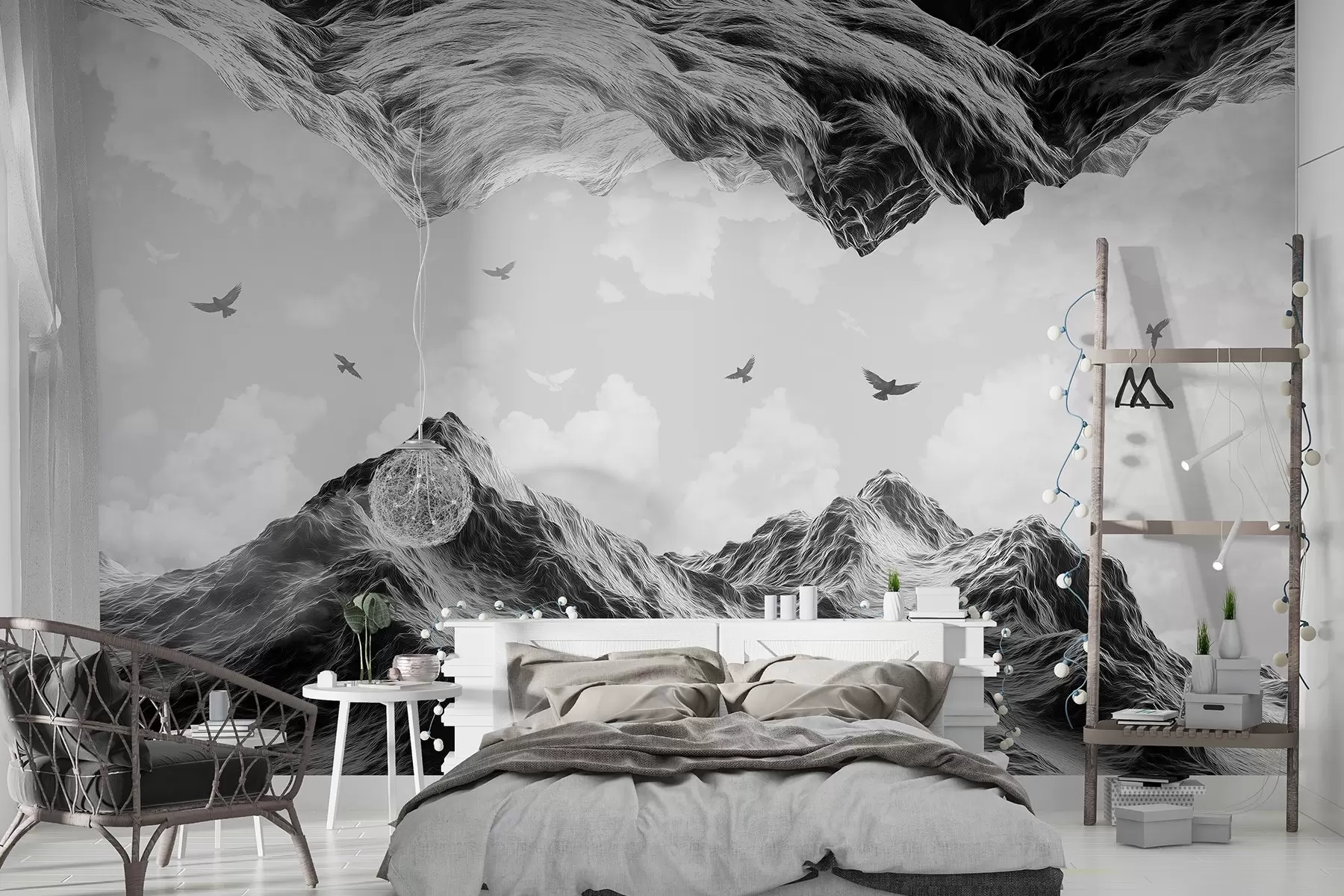 wall murals Mountains landscape, realism, flying birds, nature, clouds, black and white colors w02514