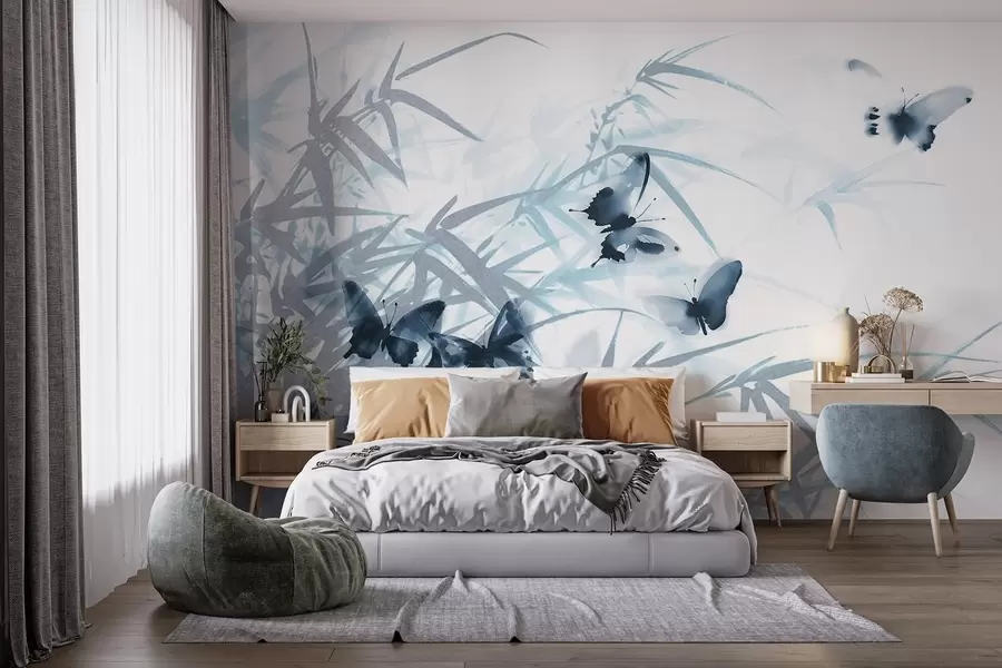 wall murals Textural bamboo leaves and stems with flying blue butterflies with transparent wings w08524