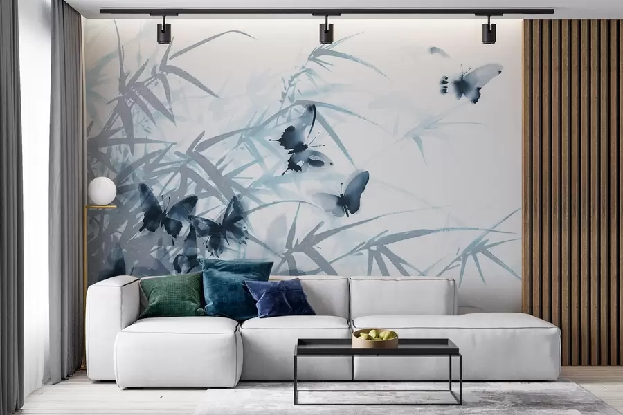 wall murals Textural bamboo leaves and stems with flying blue butterflies with transparent wings w08524