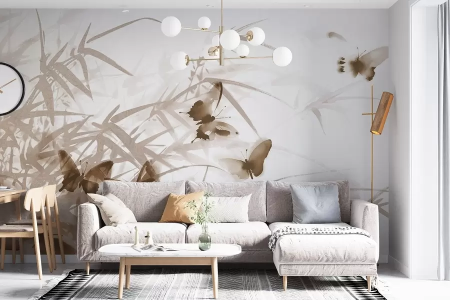 wall murals Textural bamboo leaves and stems with flying brown butterflies with transparent wings w08524v1