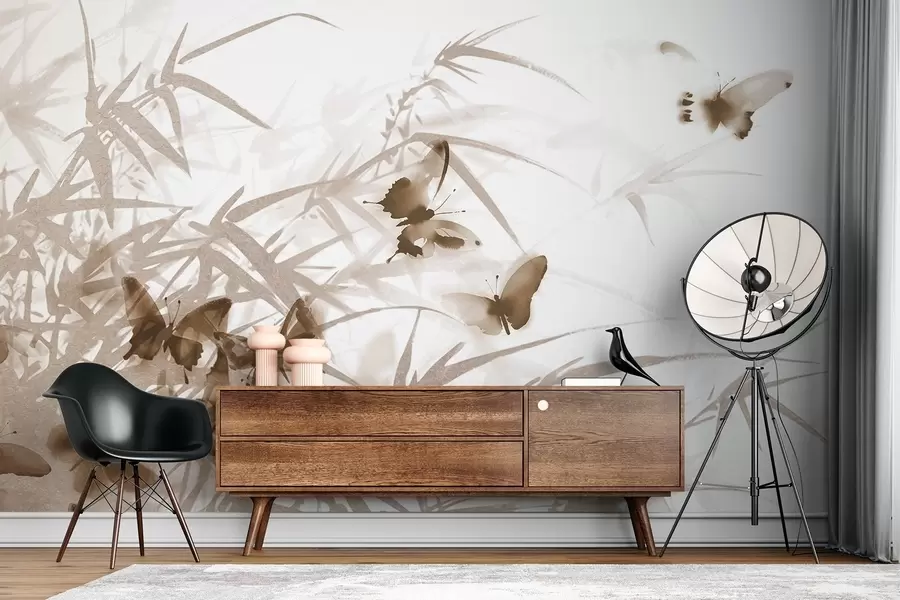 wall murals Textural bamboo leaves and stems with flying brown butterflies with transparent wings w08524v1