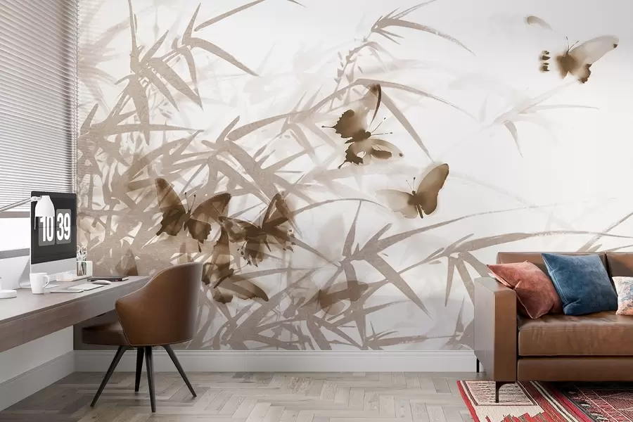 wall murals Textural bamboo leaves and stems with flying brown butterflies with transparent wings w08524v1