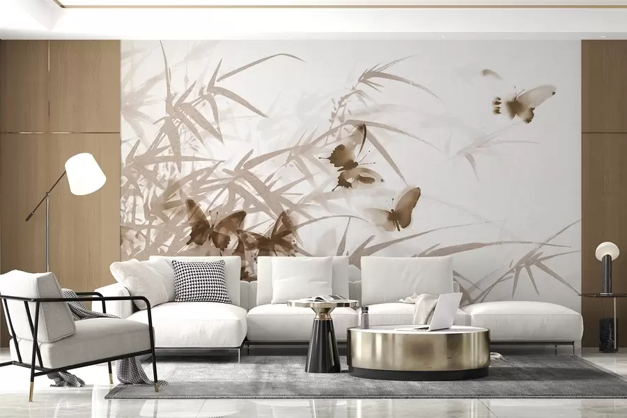 wall murals Textural bamboo leaves and stems with flying brown butterflies with transparent wings w08524v1