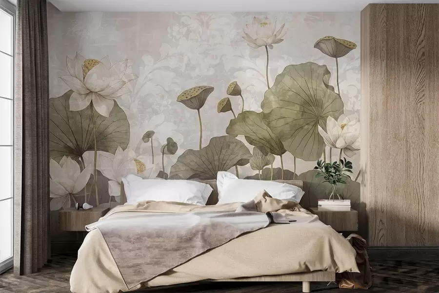 wall murals A field of white lotus flowers with large green leaves against a soft, hazy textural beige background w08527