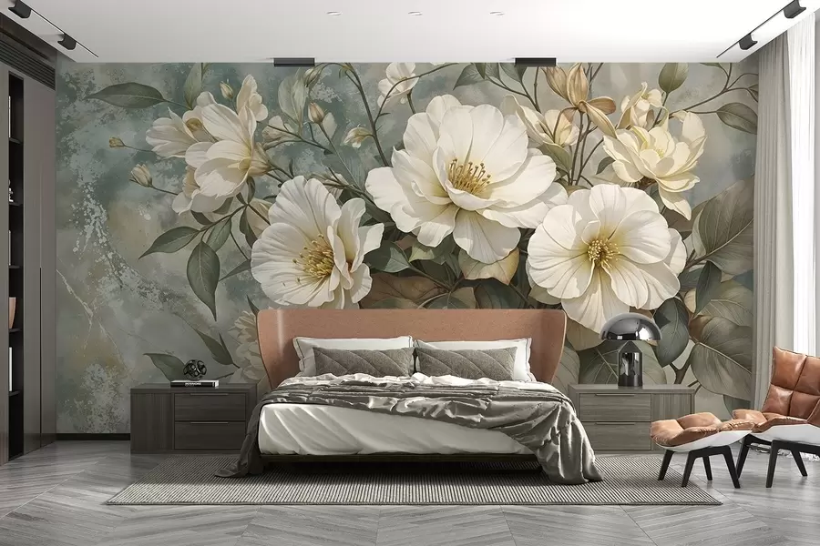 wall murals Large, white detailed peony flowers with green leaves against a soft, textural turquoise background w08528