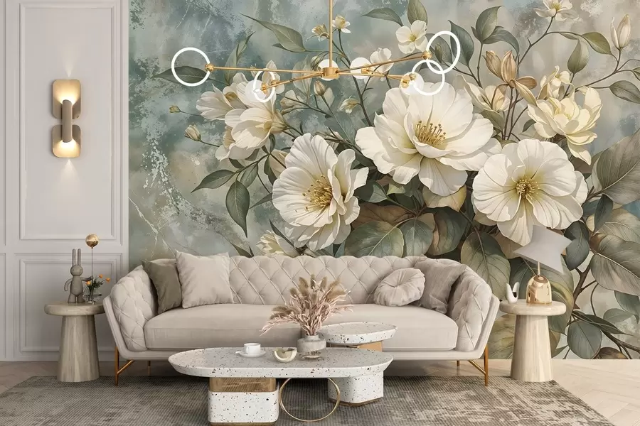 wall murals Large, white detailed peony flowers with green leaves against a soft, textural turquoise background w08528