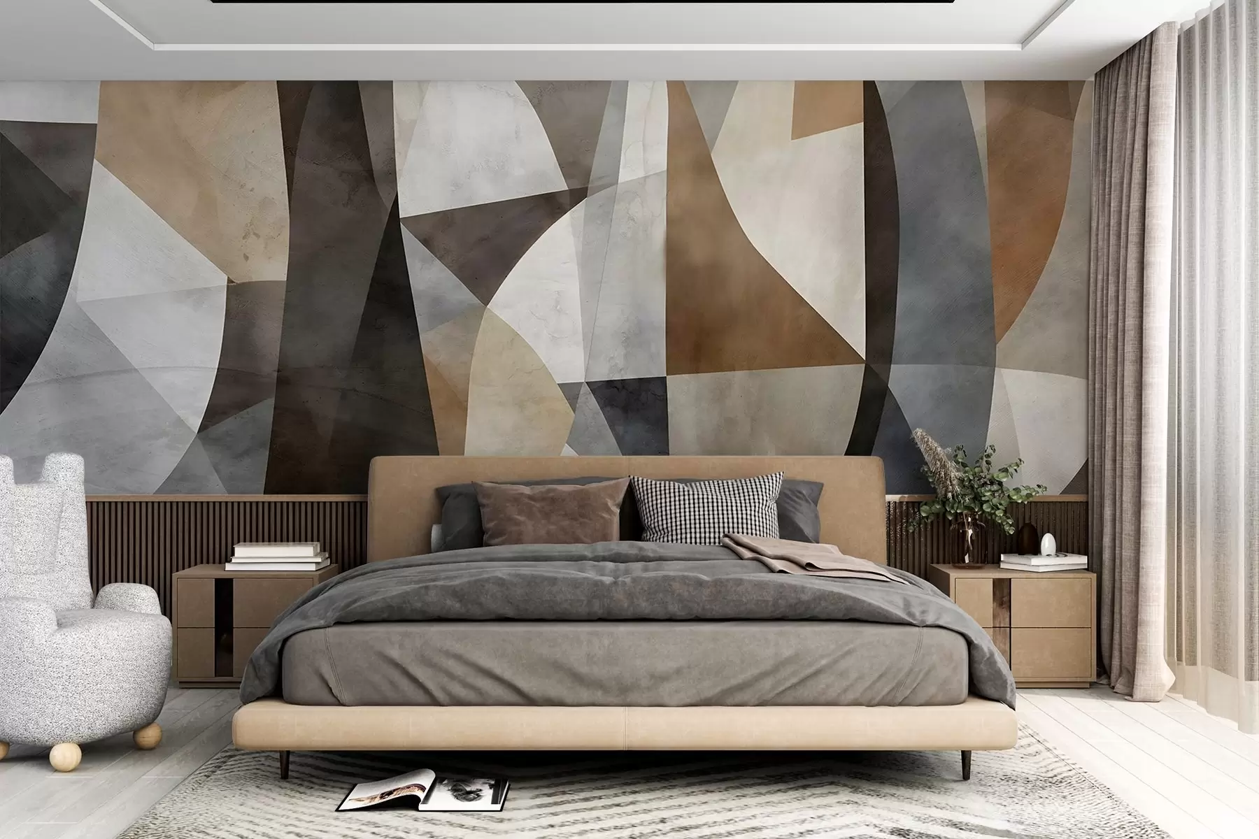 wall murals Abstract modern art textural geometric shapes in shades of brown, gray, and beige w08530