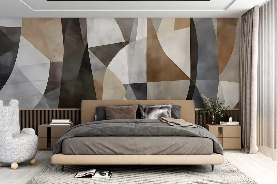 wall murals Abstract modern art textural geometric shapes in shades of brown, gray, and beige w08530