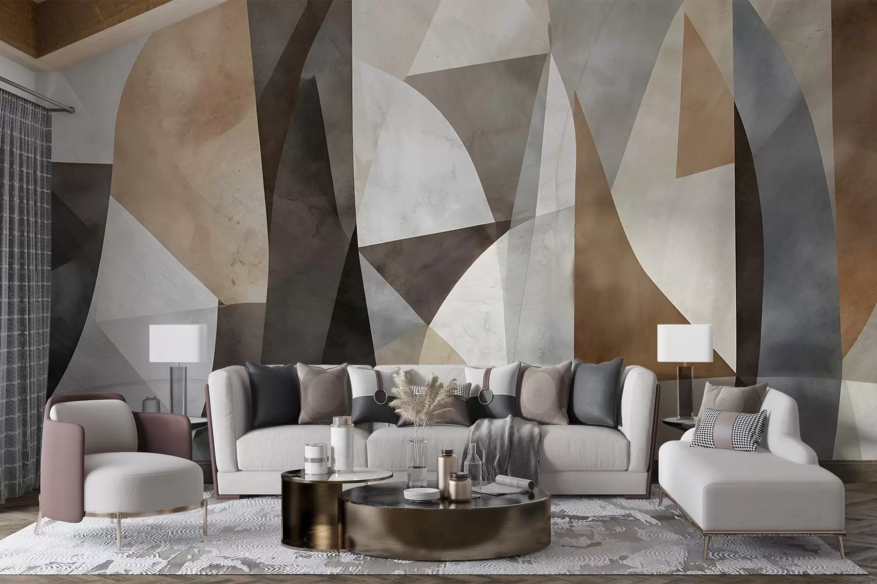 wall murals Abstract modern art textural geometric shapes in shades of brown, gray, and beige w08530
