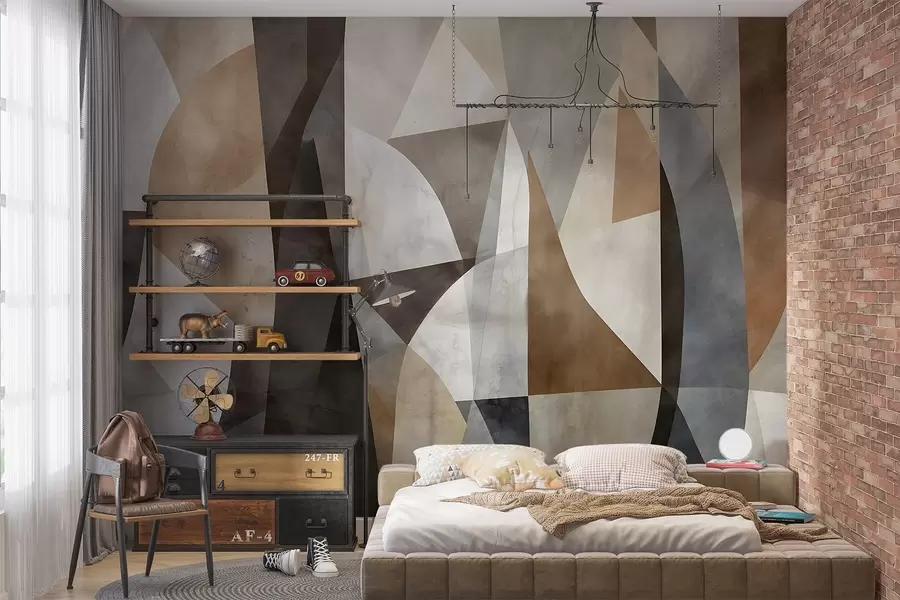 wall murals Abstract modern art textural geometric shapes in shades of brown, gray, and beige w08530