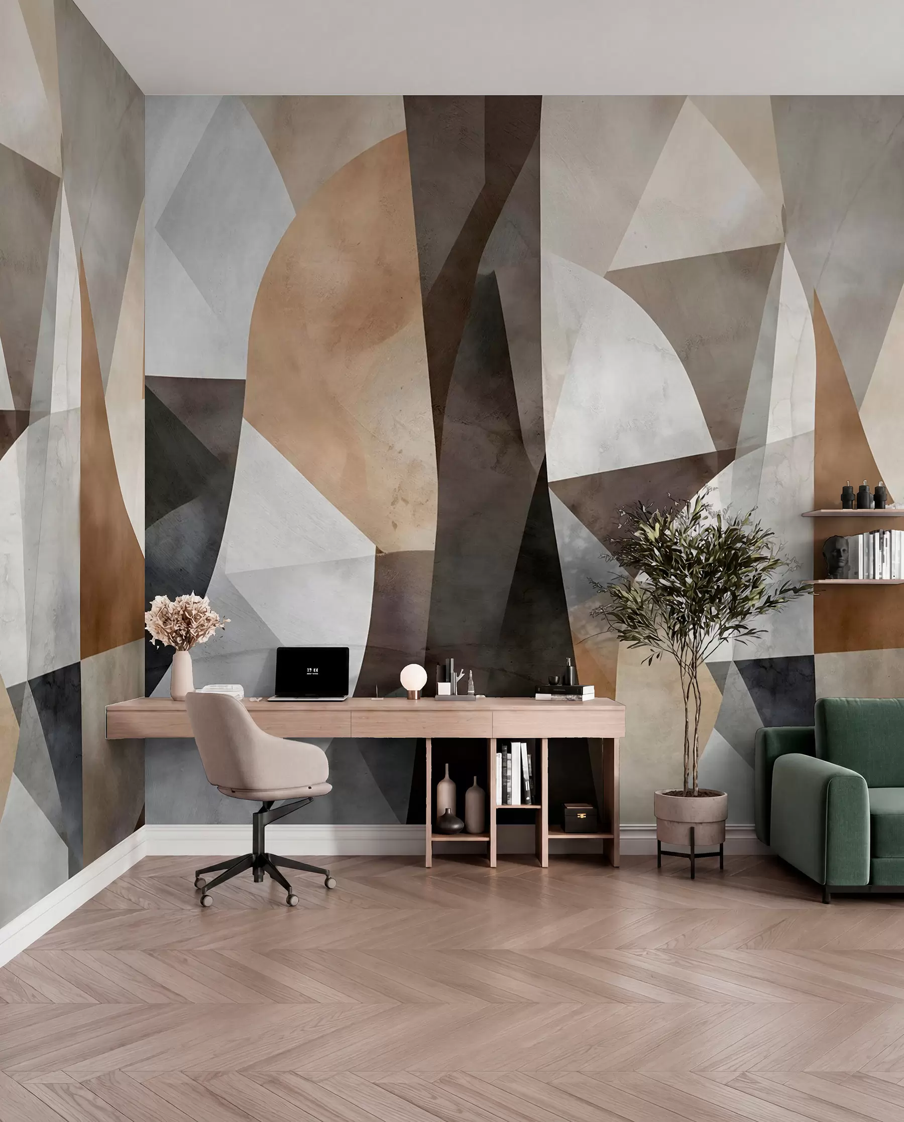 wall murals Abstract modern art textural geometric shapes in shades of brown, gray, and beige w08530