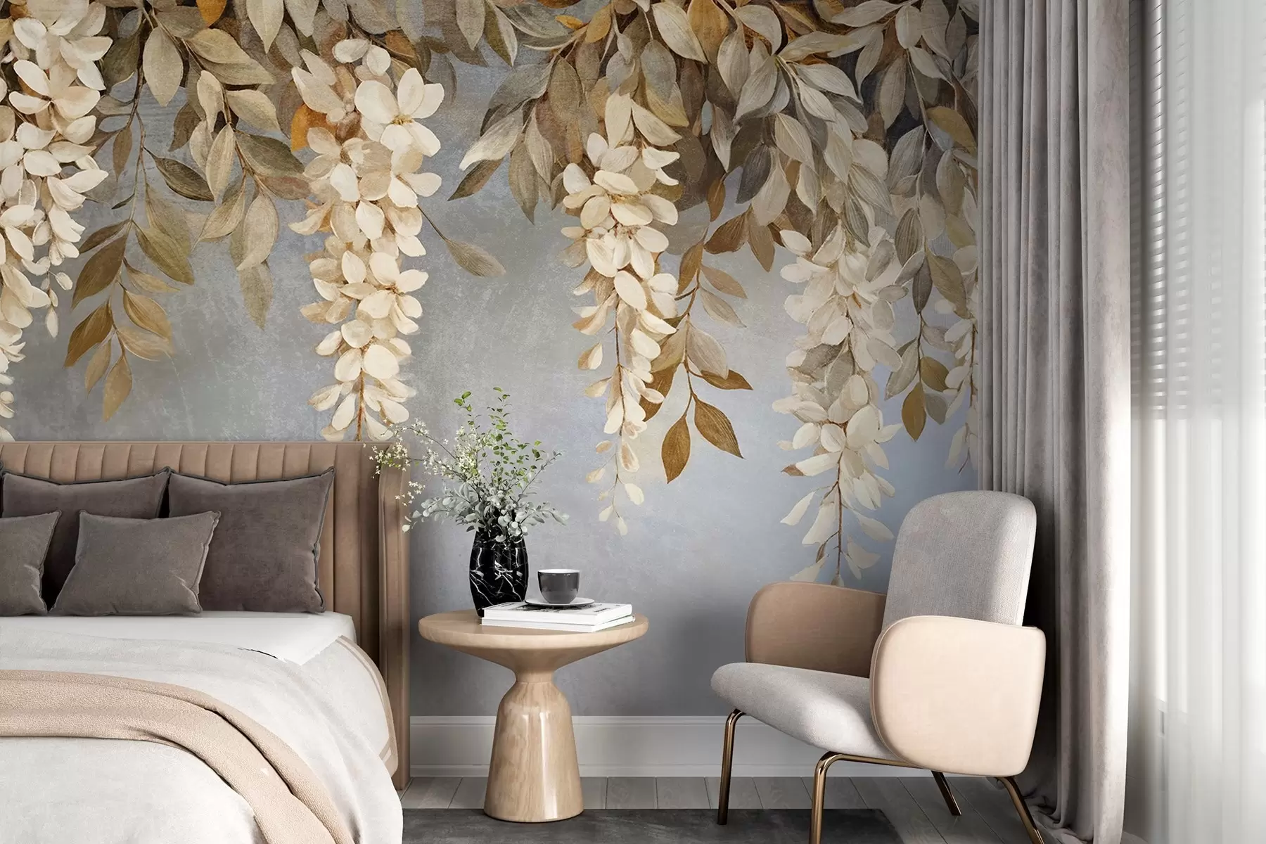 wall murals Delicate white and light beige wisteria flowers with foliage cascading down against a soft gray background w08531