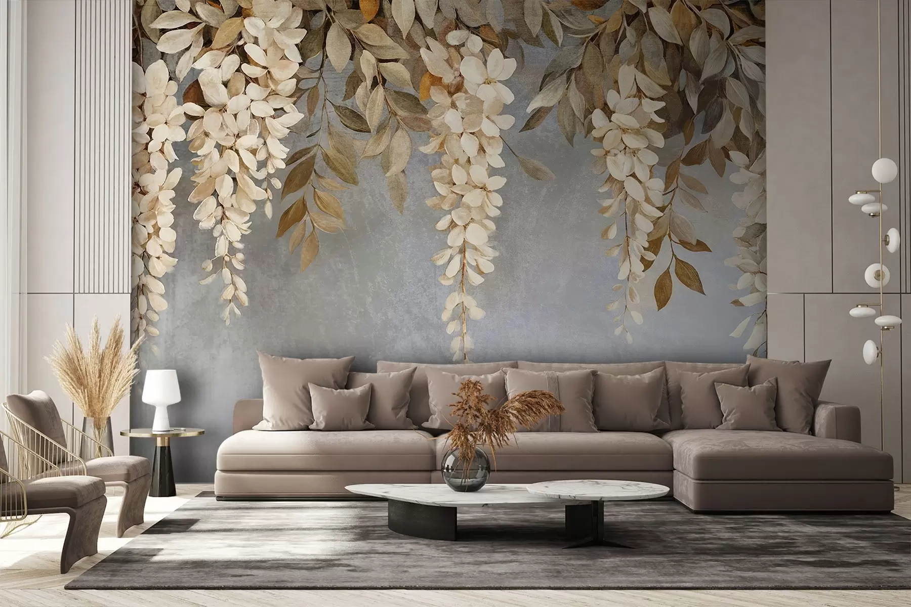wall murals Delicate white and light beige wisteria flowers with foliage cascading down against a soft gray background w08531