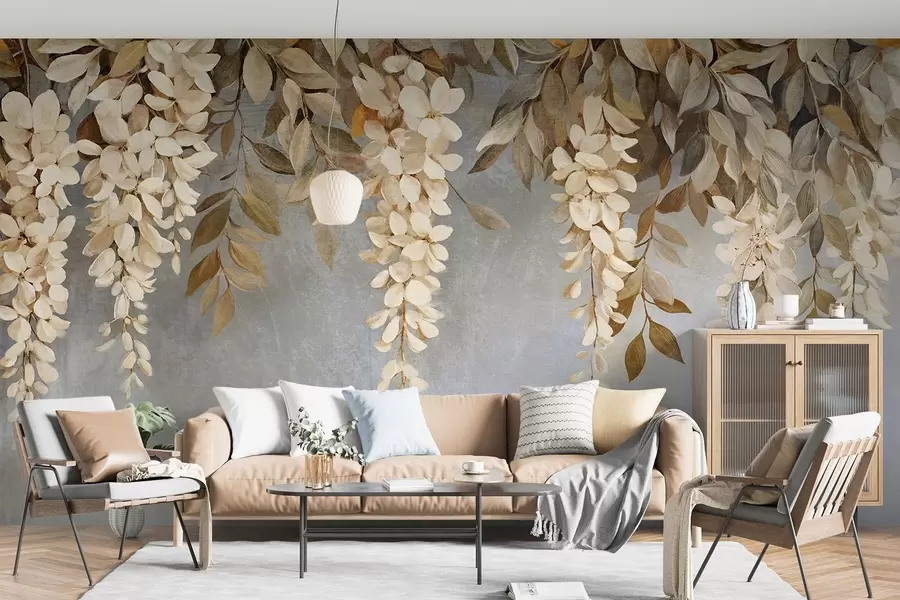 wall murals Delicate white and light beige wisteria flowers with foliage cascading down against a soft gray background w08531