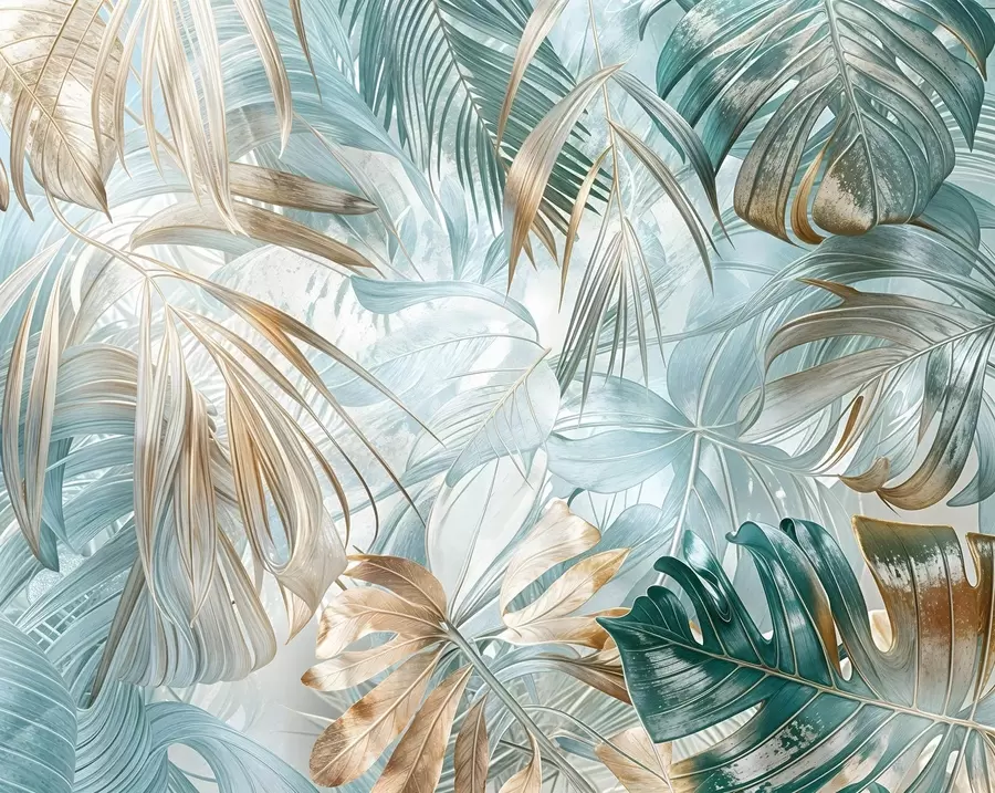 wall murals A tropical abstract floral print with large palm leaves in shades of blue and beige creates a lush atmosphere w08532