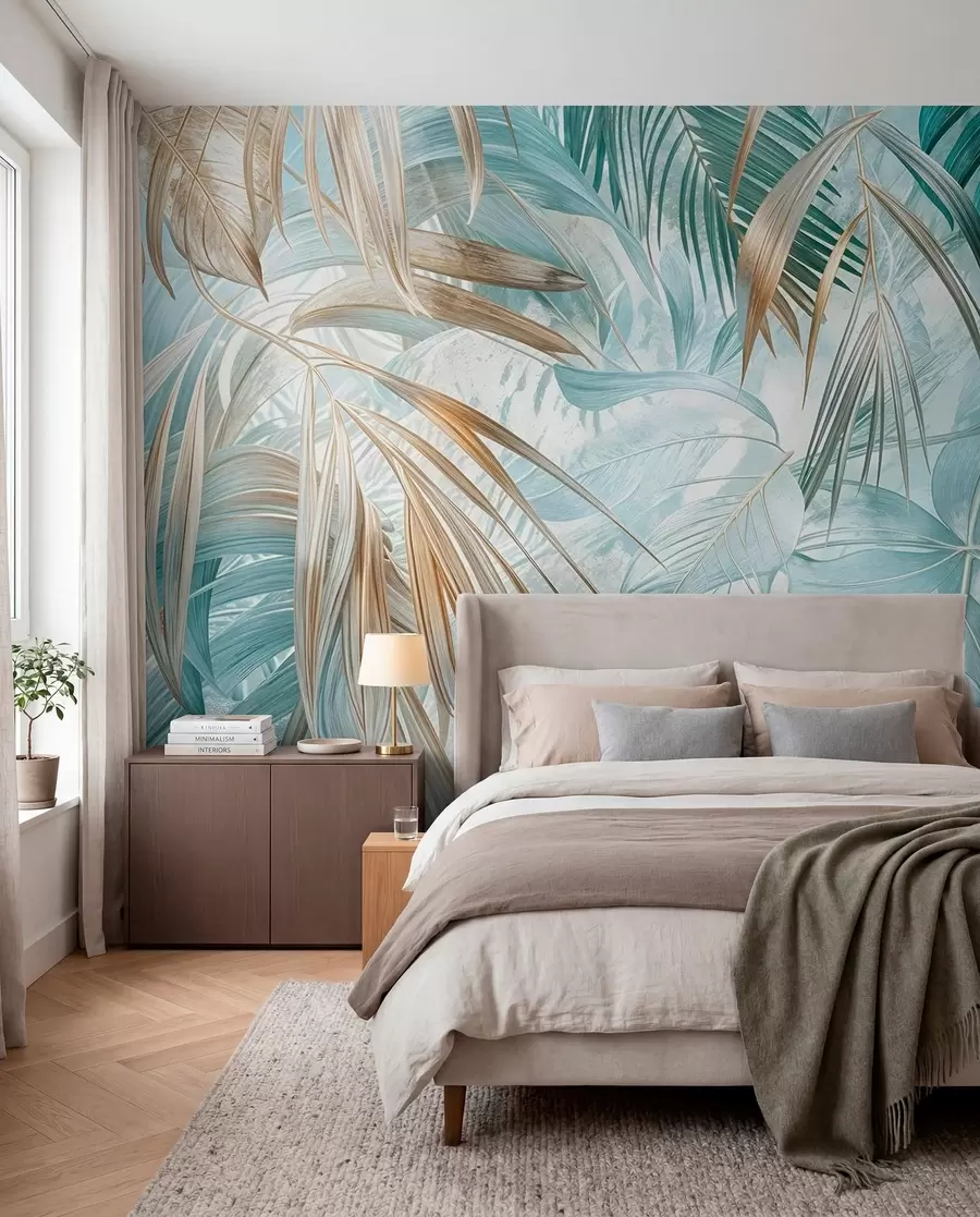 wall murals A tropical abstract floral print with large palm leaves in shades of blue and beige creates a lush atmosphere w08532