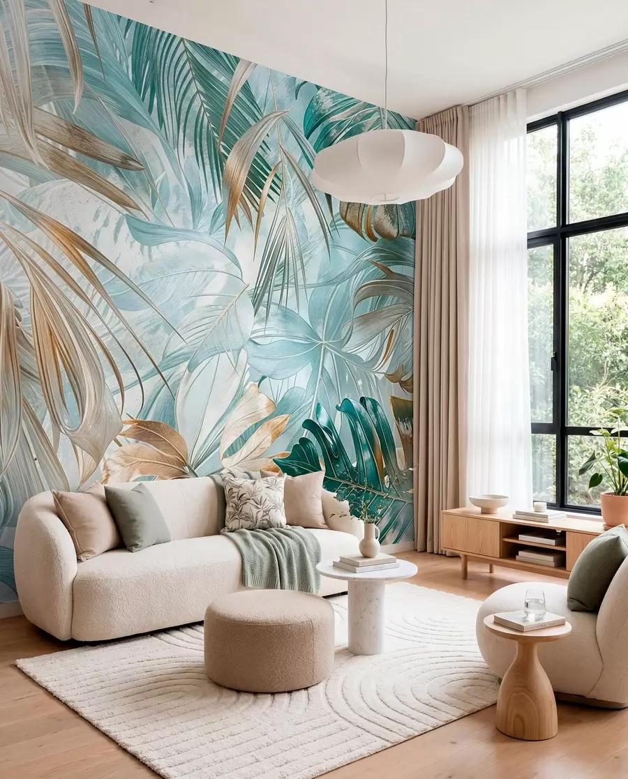 wall murals A tropical abstract floral print with large palm leaves in shades of blue and beige creates a lush atmosphere w08532