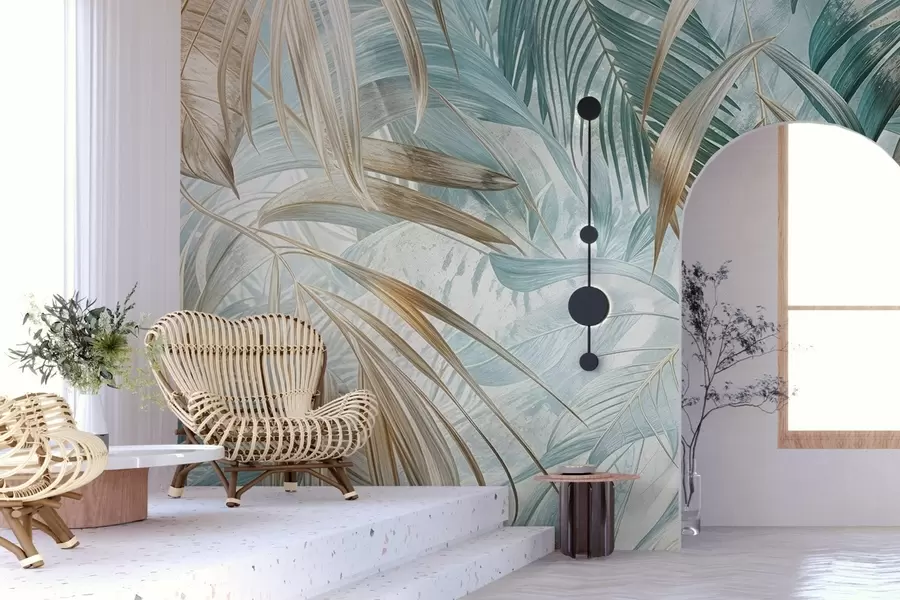 wall murals A tropical abstract floral print with large palm leaves in shades of blue and beige creates a lush atmosphere w08532