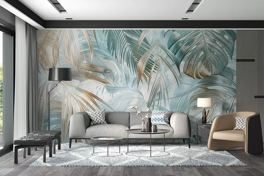 wall murals A tropical abstract floral print with large palm leaves in shades of blue and beige creates a lush atmosphere w08532