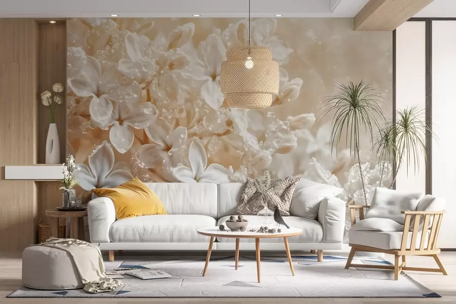 wall murals Delicate white lilac flowers with soft, yellow blurred background w08533